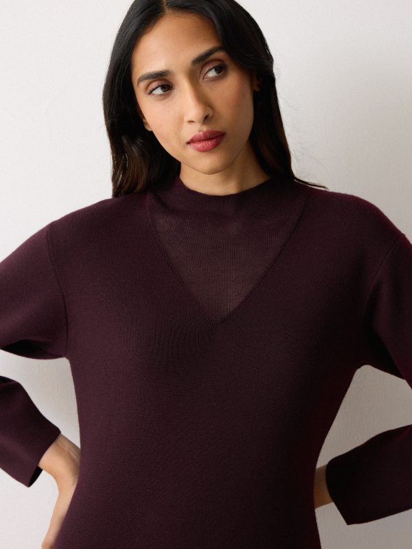 Sheer Panel Knit Dress | Burgundy