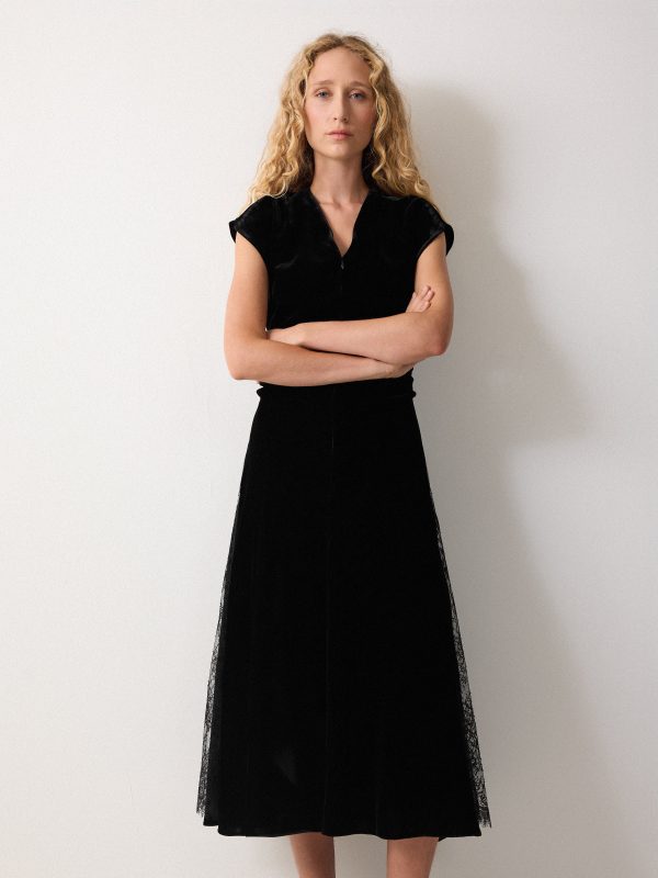 Velvet Lace Detail Dress | Black